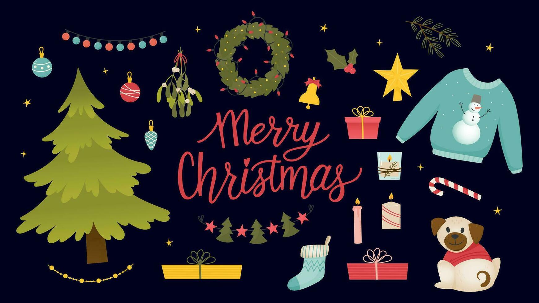 conjunto de linda dibujos animados Navidad y nuevo año elementos con Navidad árbol, guirnaldas, guirnalda, acebo, muérdago, velas, media, perro, suéter, estrella, regalos, caramelo caña, campana, luces, pelotas vector