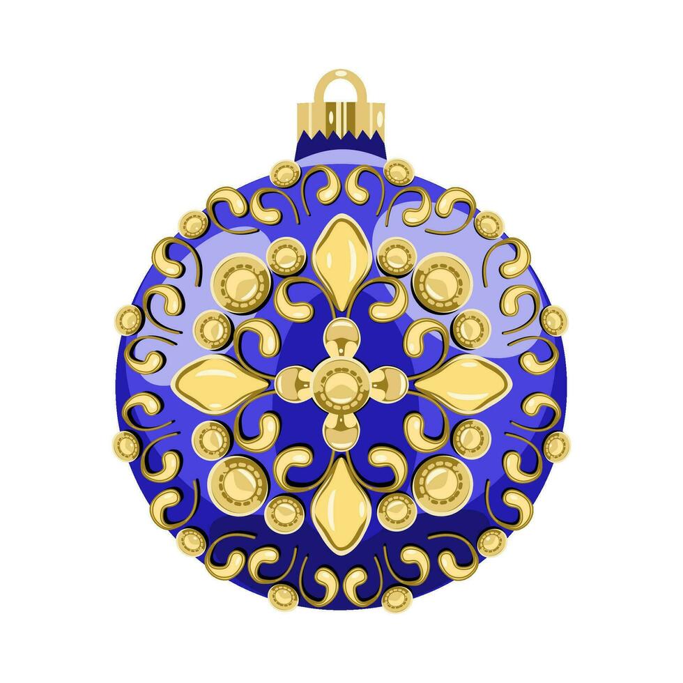 Blue Christmas ball with gold ornaments isolated on white background. vector