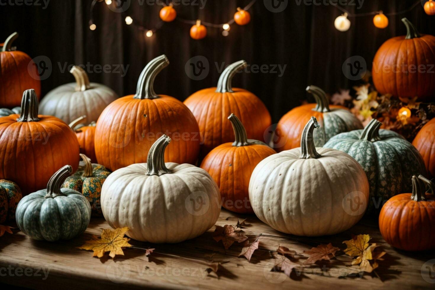 Collection of handmade plaster pumkins. Banner for autumn seasonal holidays background. DIY craft pumkins for helloween, thanksgiving, fall decoration. AI generated photo