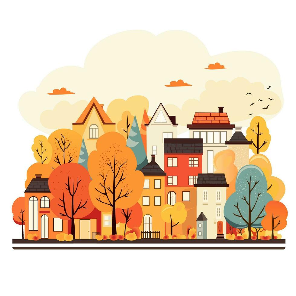 Colorful warm autumn cityscape banner, different yellow, red and orange trees. Cartoon style. vector