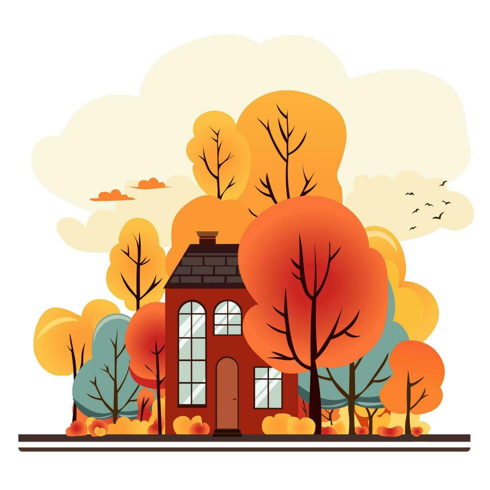Dark red autumn house in fall forest. Warm color, cartoon style vector