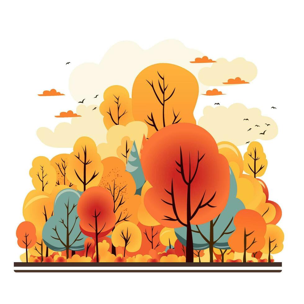 Warm autumn landscape. Cartoon style, fall illustration. Colorful trees, clouds and bird. Beautiful design for banner or poster. vector