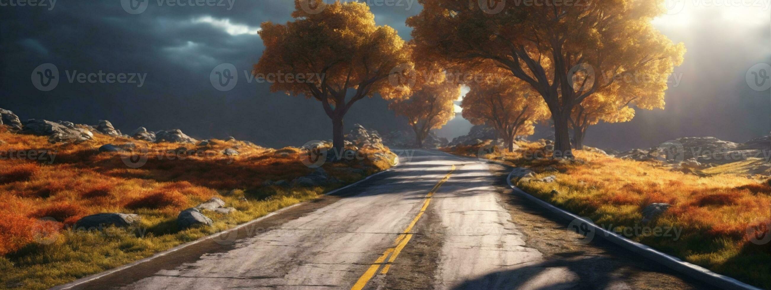 mage related to unexplored road journeys and adventures.Road through the scenic landscape to the destination in Lanzarote natural park. AI generated photo