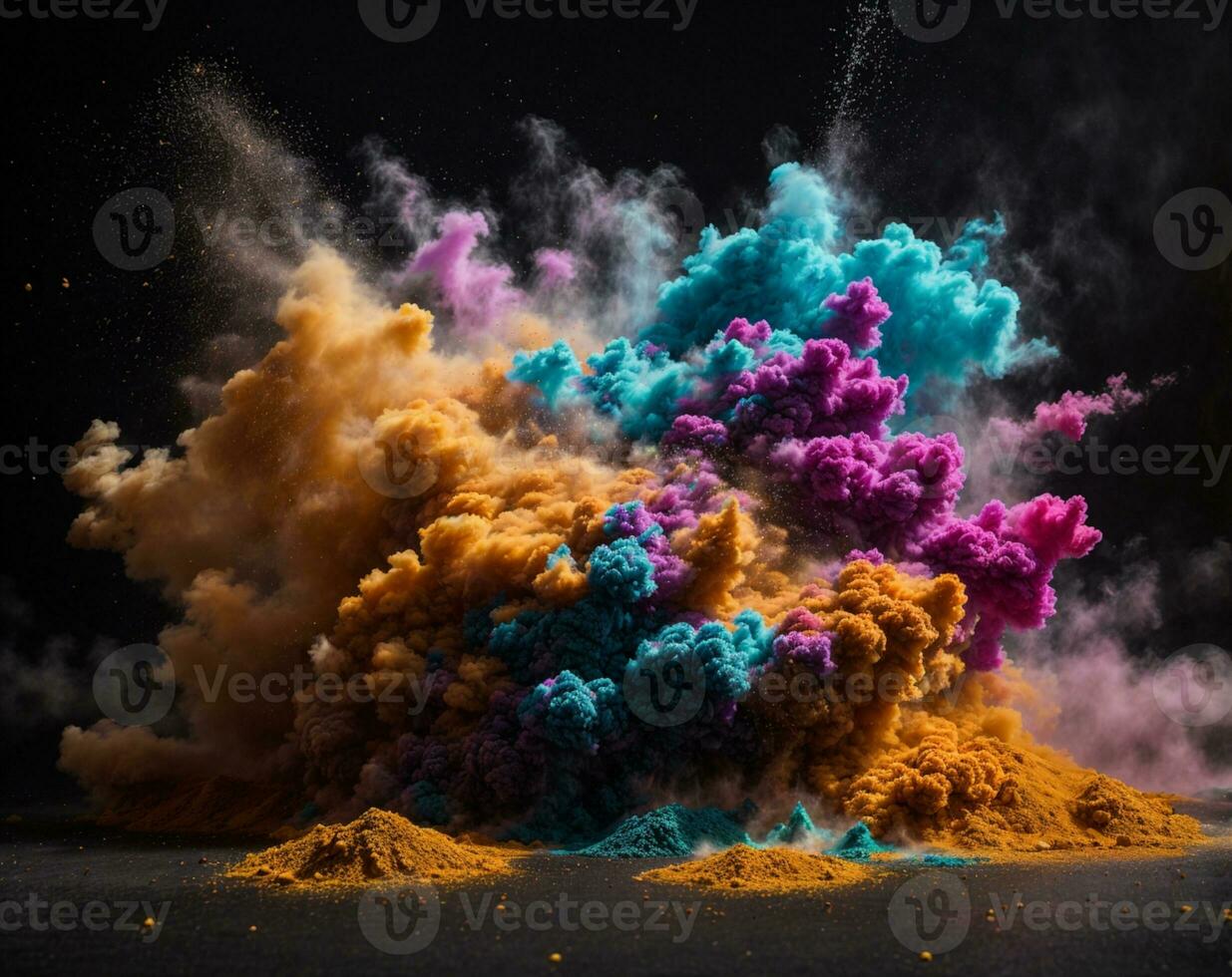 Abstract powder splatted background. Colorful powder explosion on white background. Colored cloud. Colorful dust explode. Paint Holi. AI generated photo