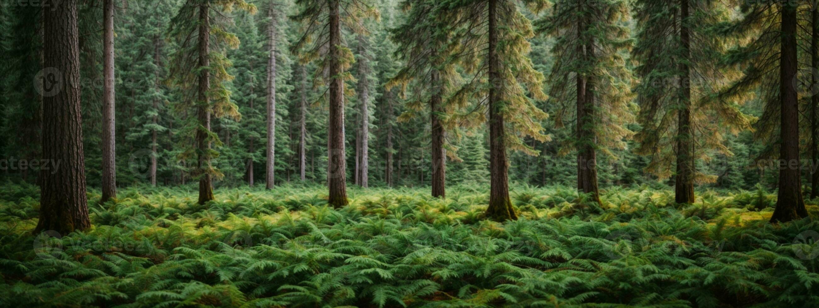 Healthy green trees in a forest of old spruce, fir and pine. AI generated photo