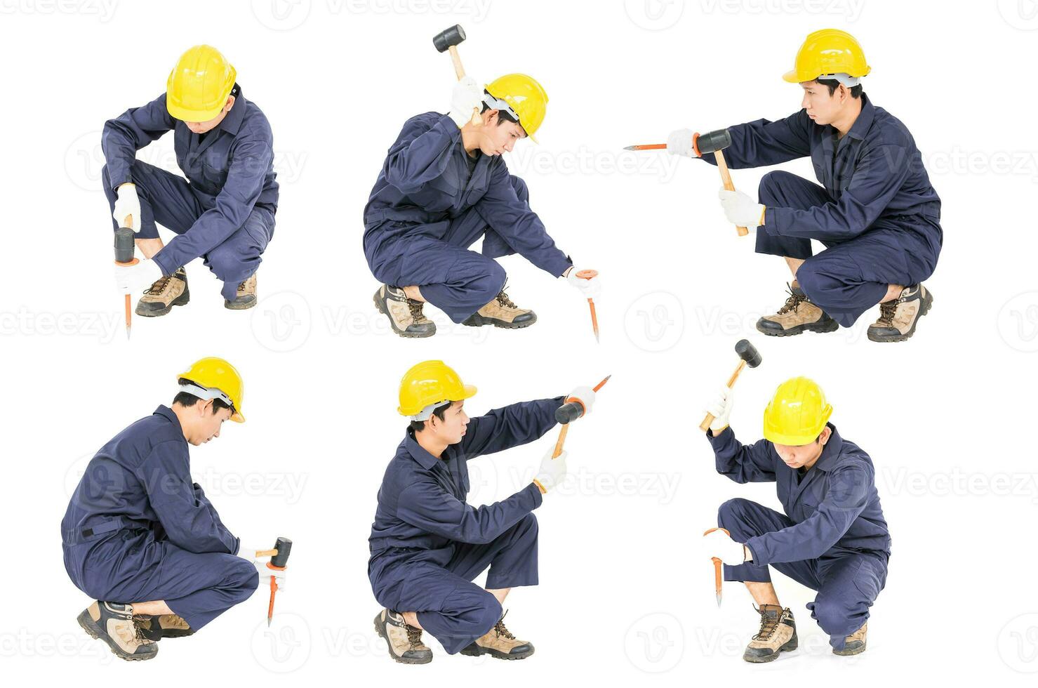 Set of Man hold hammer and cold chisel on white photo