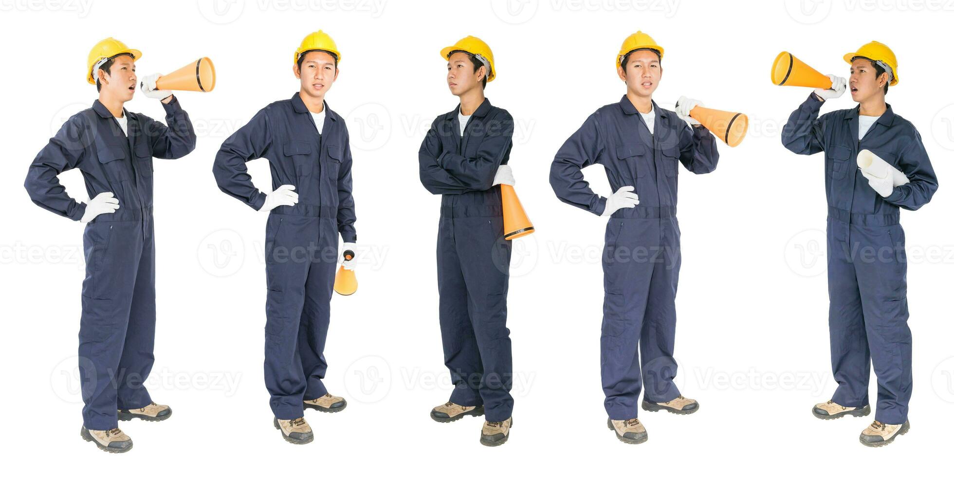 Young worker shouting for announce through a megaphone photo