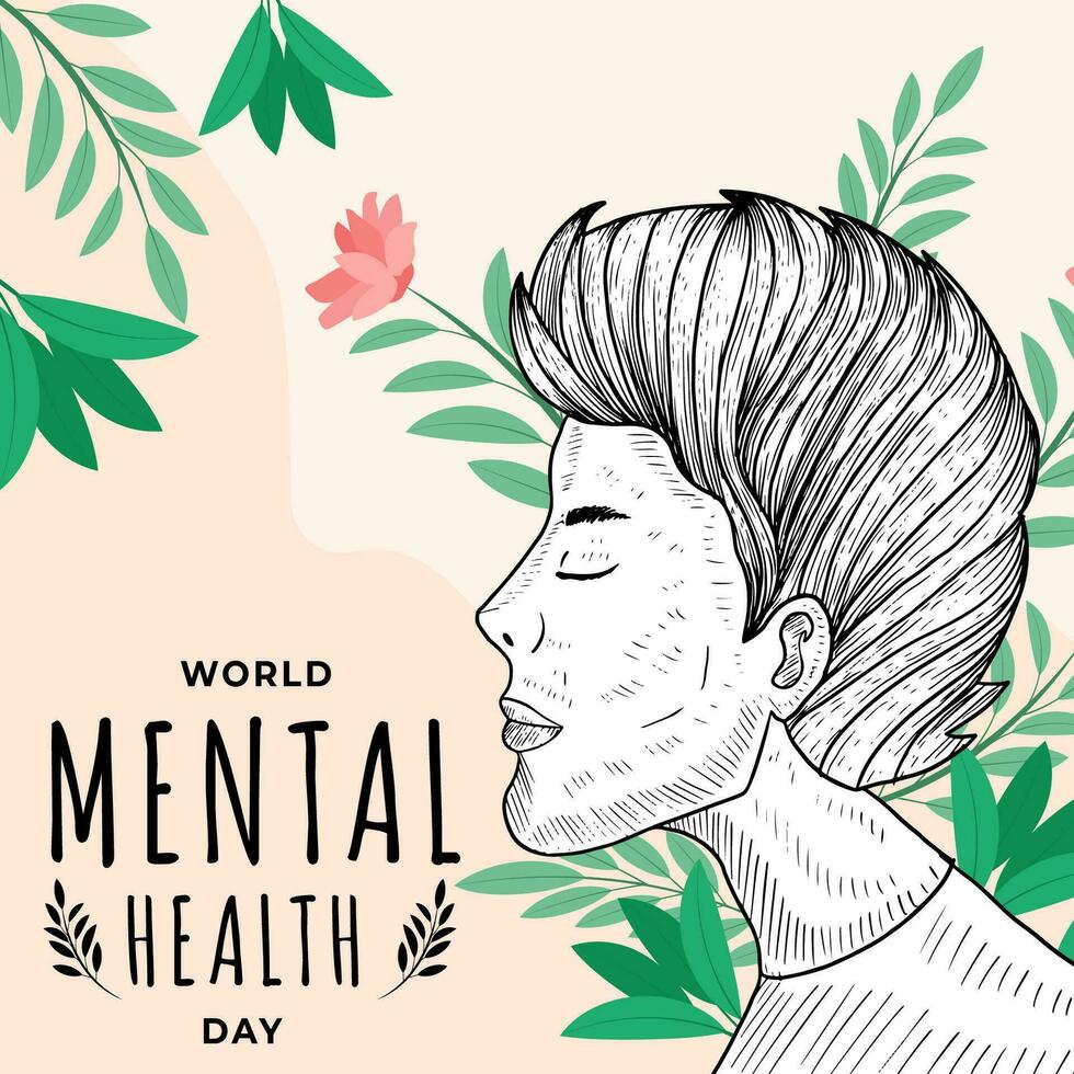 mundo mental salud día ilustración con hombres y floral vector