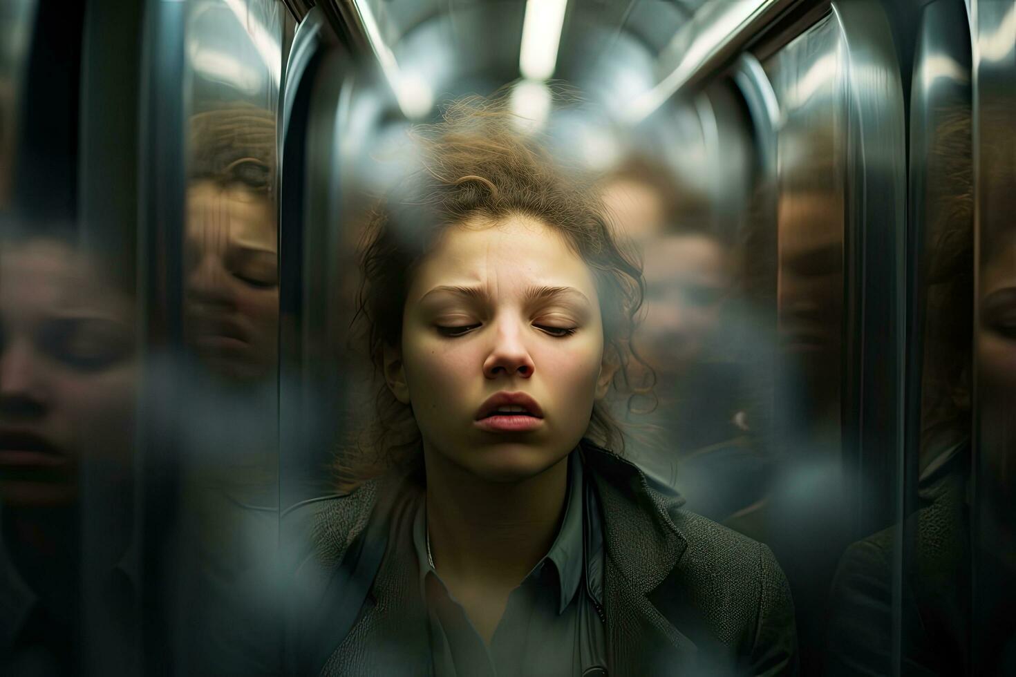 retrato de un joven mujer en un subterraneo auto, borroso fondo, persona con un ocupado subterraneo conmutar a prisa hora, exhibiendo su desconcertado estado animico y impaciencia, ai generado foto