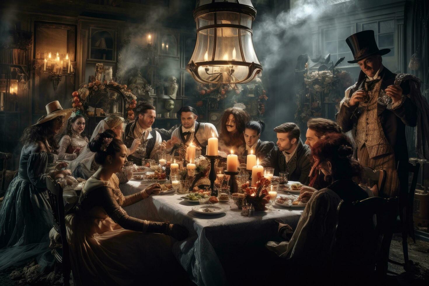 Medieval family dinner in the old castle. Concept of medieval life. spooky Halloween party in the heart of Victorian London. A group of friends gather around a festive table, AI Generated photo