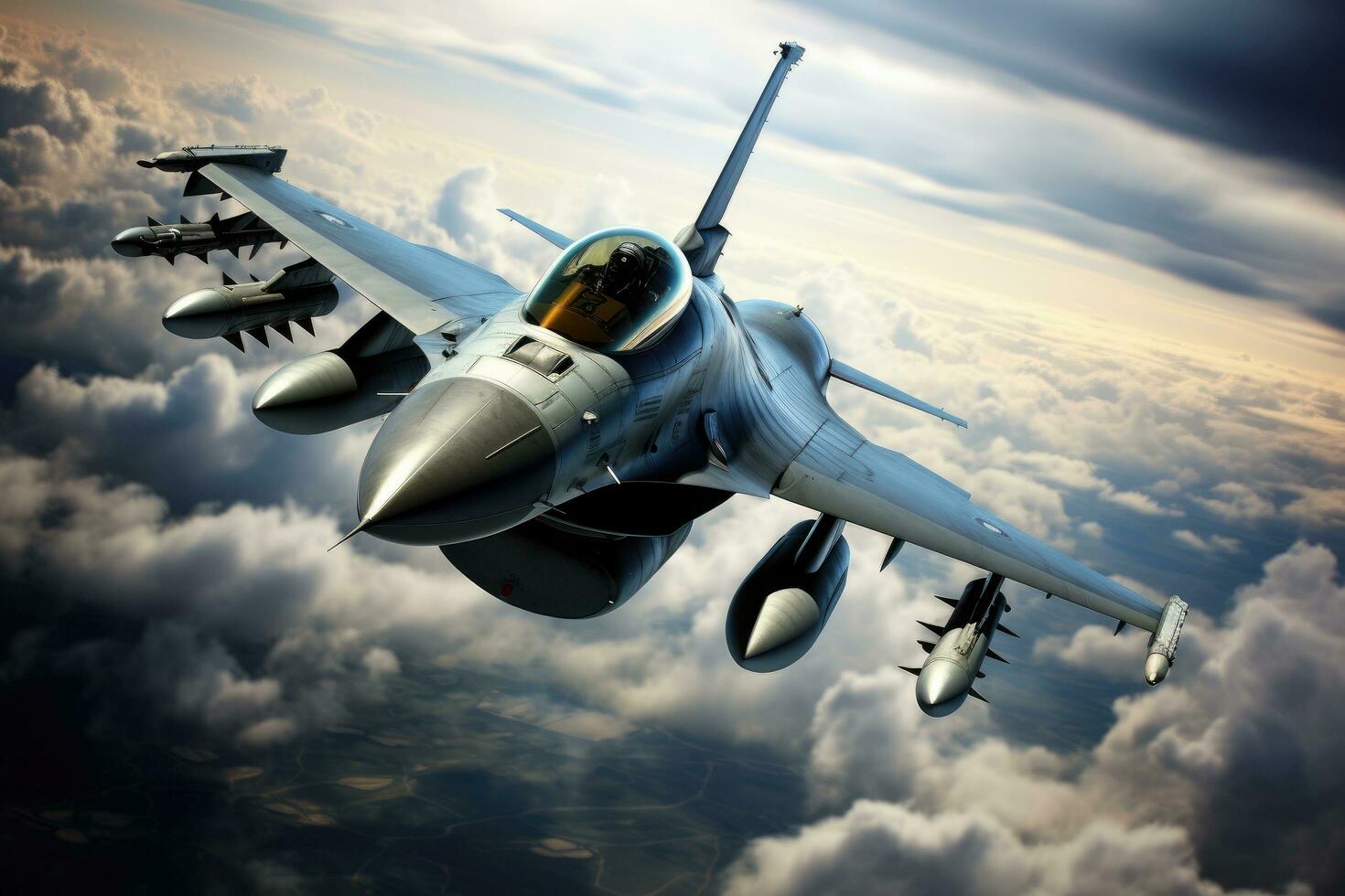 Fighter jet fighter in flight over the clouds. 3d render, an F-16 fighter jet in the air, AI Generated photo