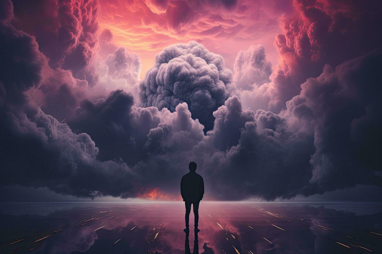 Silhouette of a man standing in the middle of a stormy sky. 3D rendering, an emo album cover with synthwave elements of someone staring at a tv screen of grey clouds, AI Generated photo