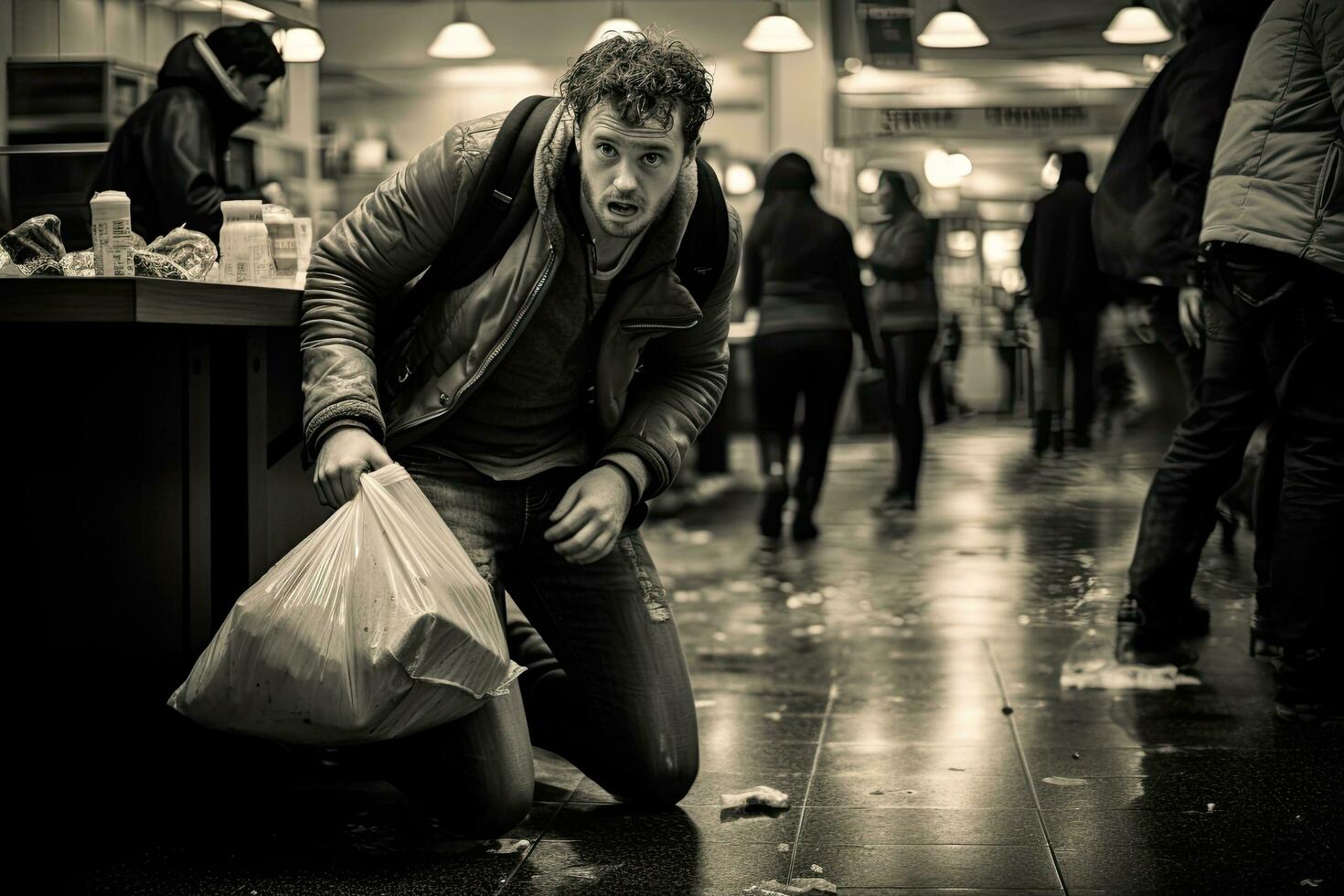 Vagabundo mendigo hombre sentado en el calle, mirando para alimento, cliente en un ocupado comida Corte en un alto crimen área, esperando para su comida a ser escogido arriba, ai generado foto