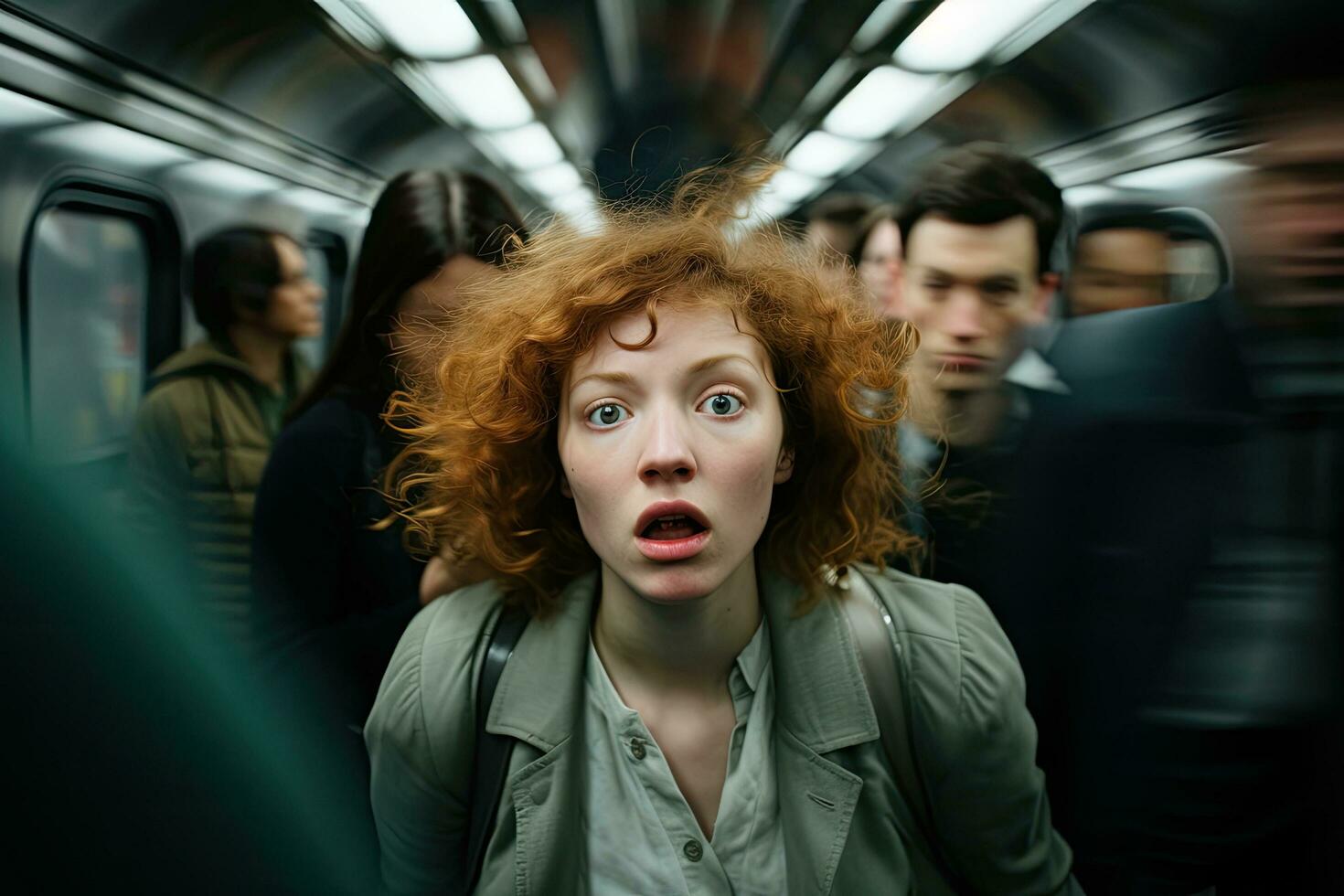 Shocked red-haired girl in a subway car. Shocked young woman in a subway car. person with a busy subway commute at rush hour, showcasing their discombobulated mood and impatience, AI Generated photo