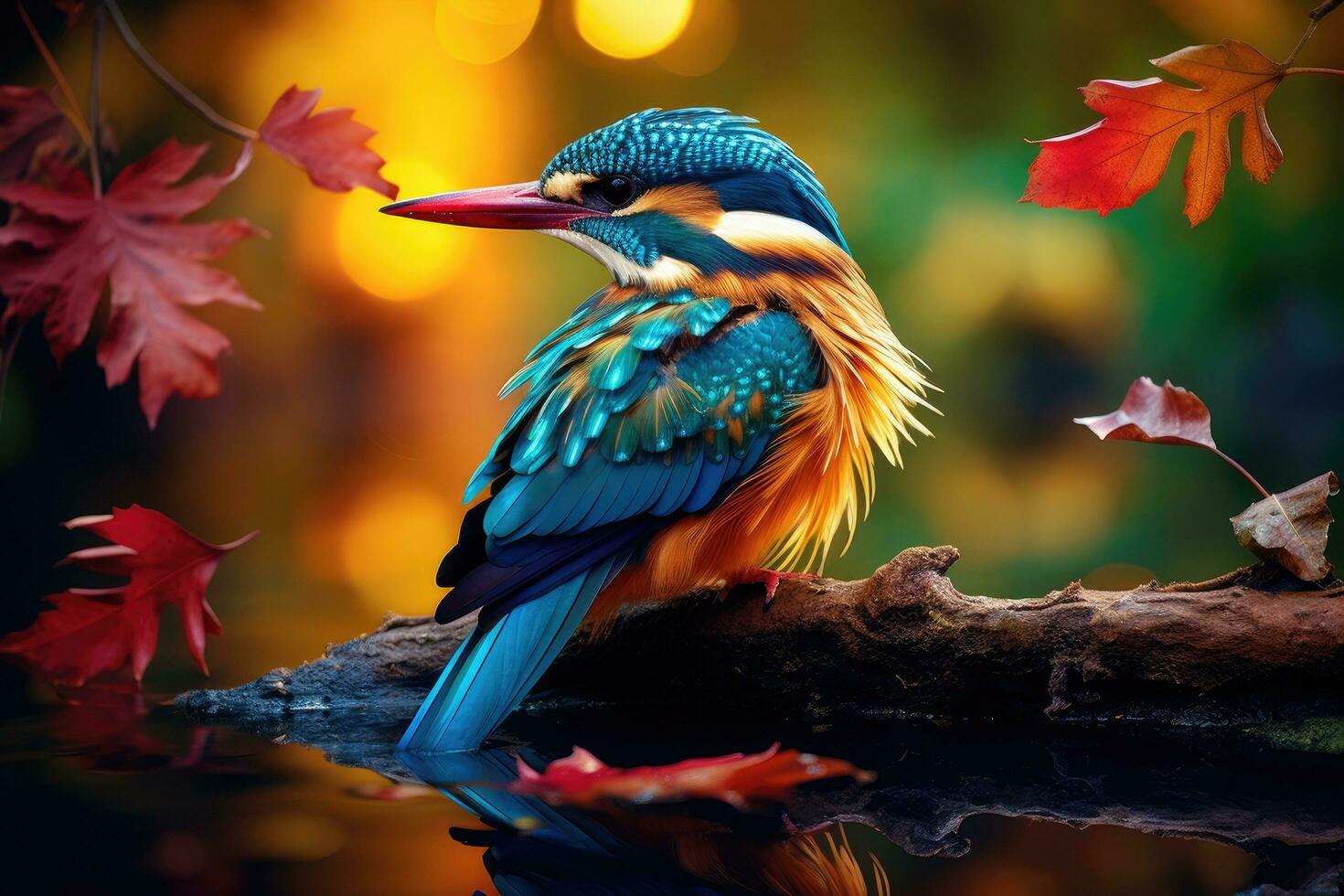 Kingfisher bird sitting on a branch with autumn leaves in the background, exotic bird perched on a branch above a tranquil pond, its feathers billowing with vibrant colors, AI Generated photo