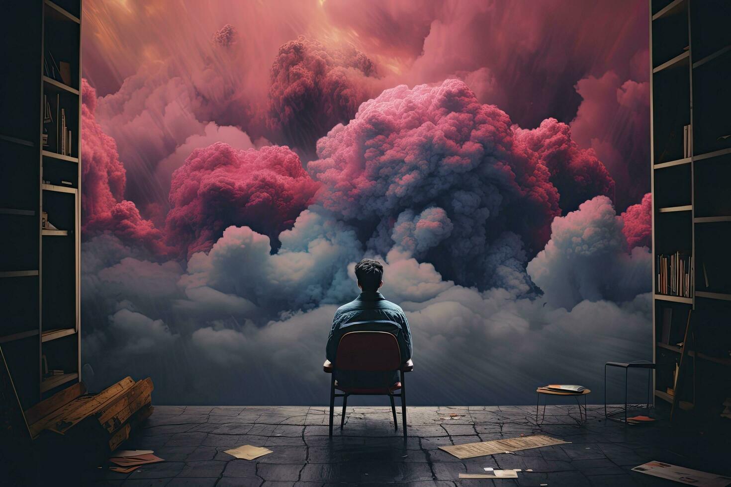 Man sitting in a chair in front of a huge cloud of smoke, an emo album cover with synthwave elements of someone staring at a tv screen of grey clouds, AI Generated photo