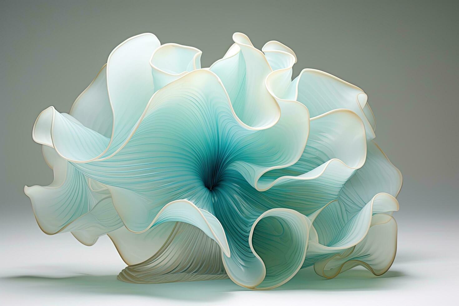 Abstract 3d rendering of wavy shape. Computer generated background. an ethereal blend of sky blue and mint green abstract blooming shape, AI Generated photo