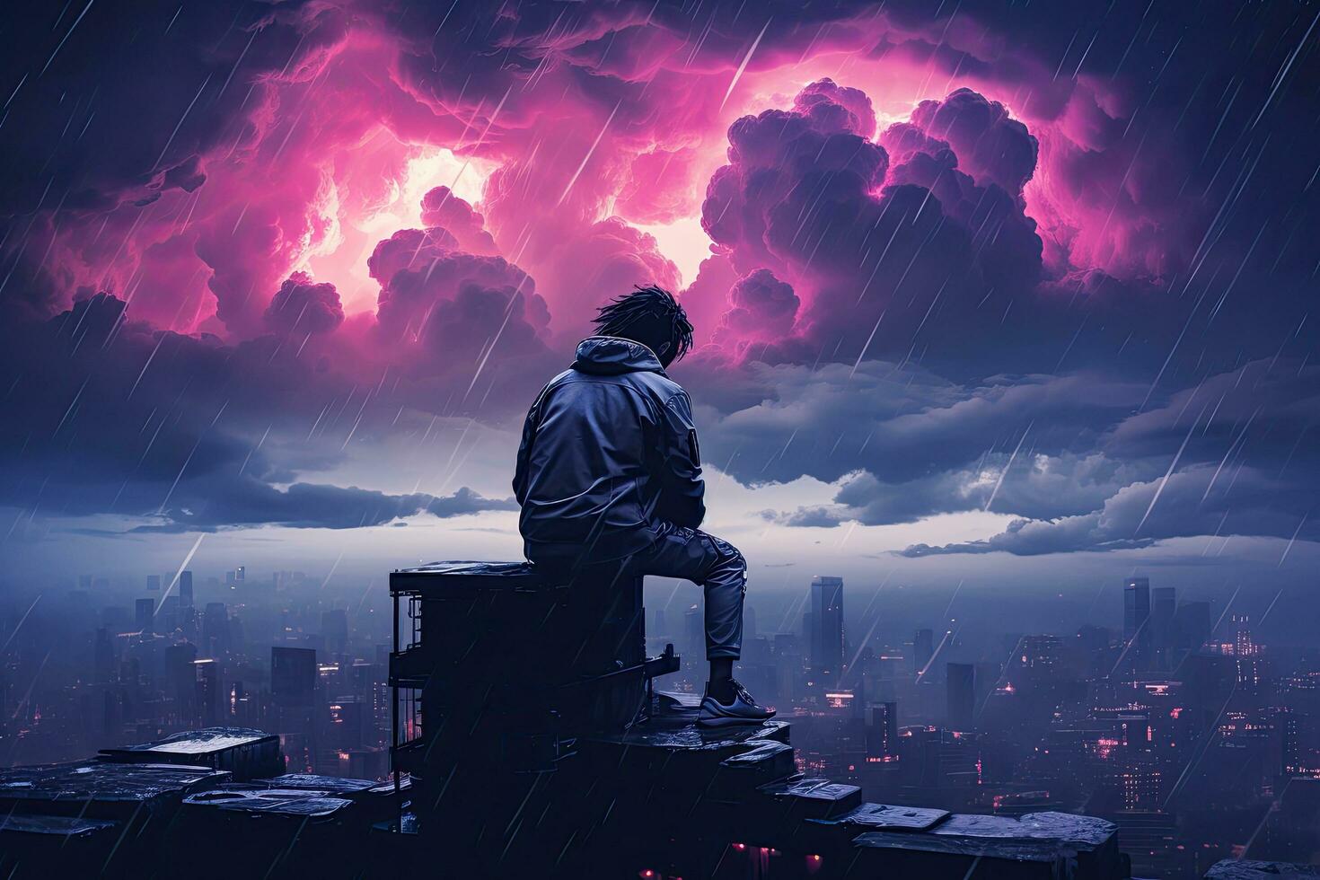 Young man sitting on top of a building and watching a big storm, an emo album cover with synthwave elements of someone staring at a tv screen of grey clouds, AI Generated photo