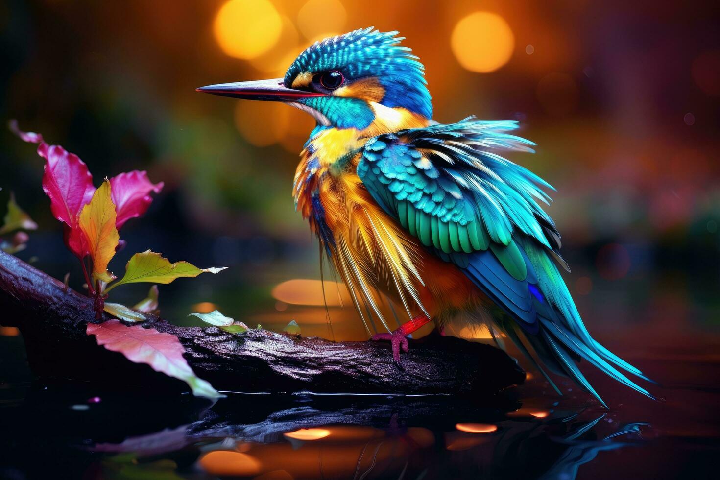Beautiful Kingfisher bird sitting on a branch in the dark, exotic bird perched on a branch above a tranquil pond, its feathers billowing with vibrant colors and shimmering, AI Generated photo