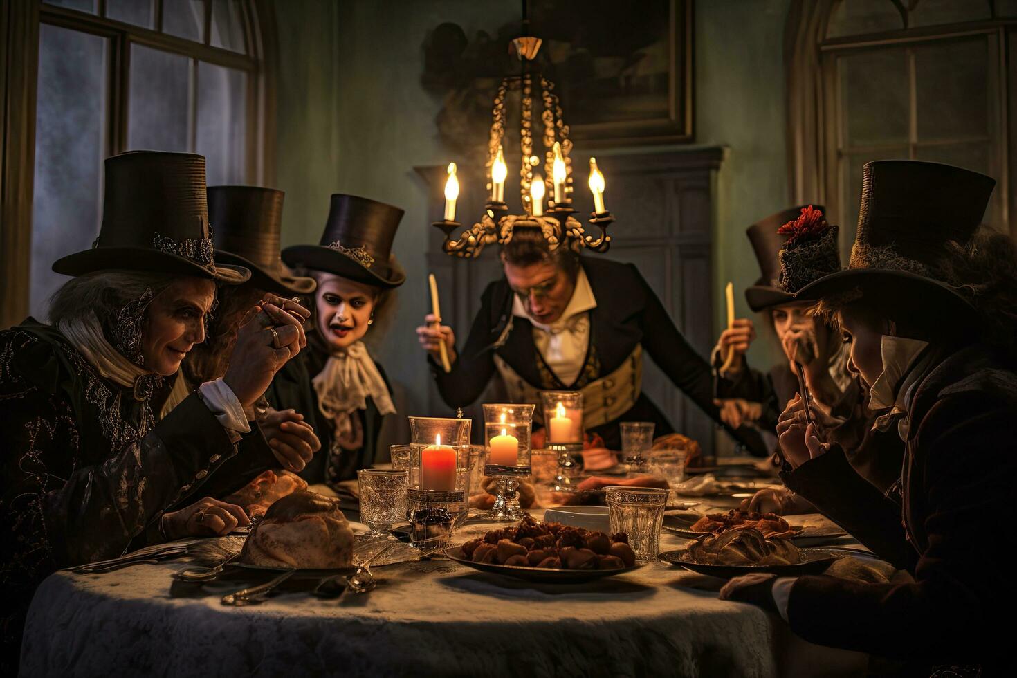 Group of medieval people having a dinner in the castle. Halloween. spooky Halloween party in the heart of Victorian London. A group of friends gather around a festive table, AI Generated photo