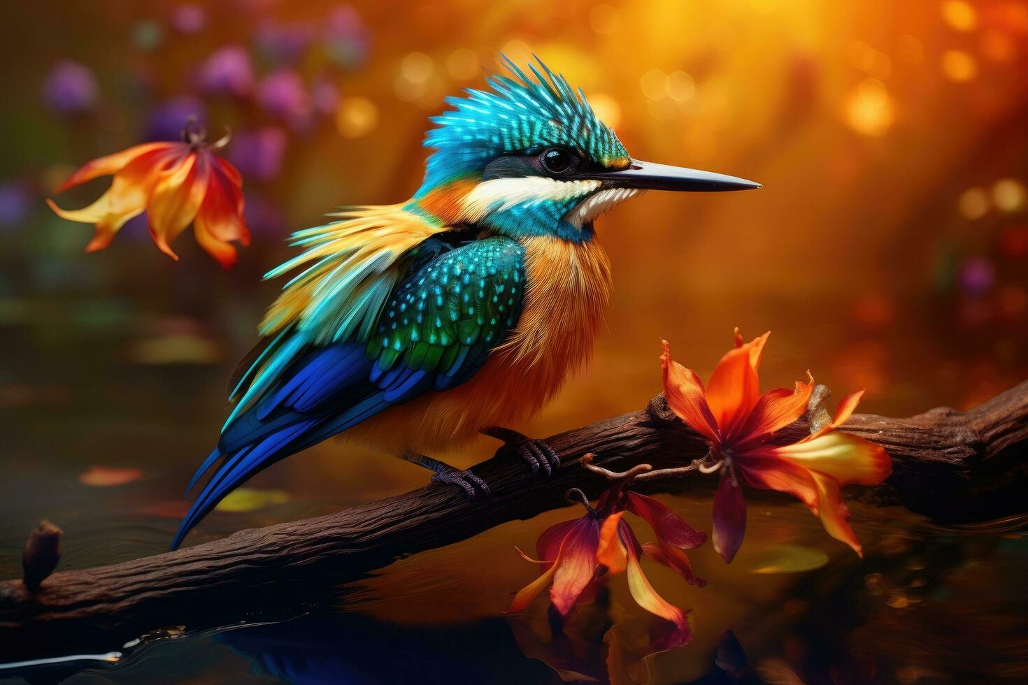 Beautiful Blue Kingfisher bird sitting on a branch near a flower. exotic bird perched on a branch above a tranquil pond, its feathers billowing with vibrant colors and shimmering, AI Generated photo