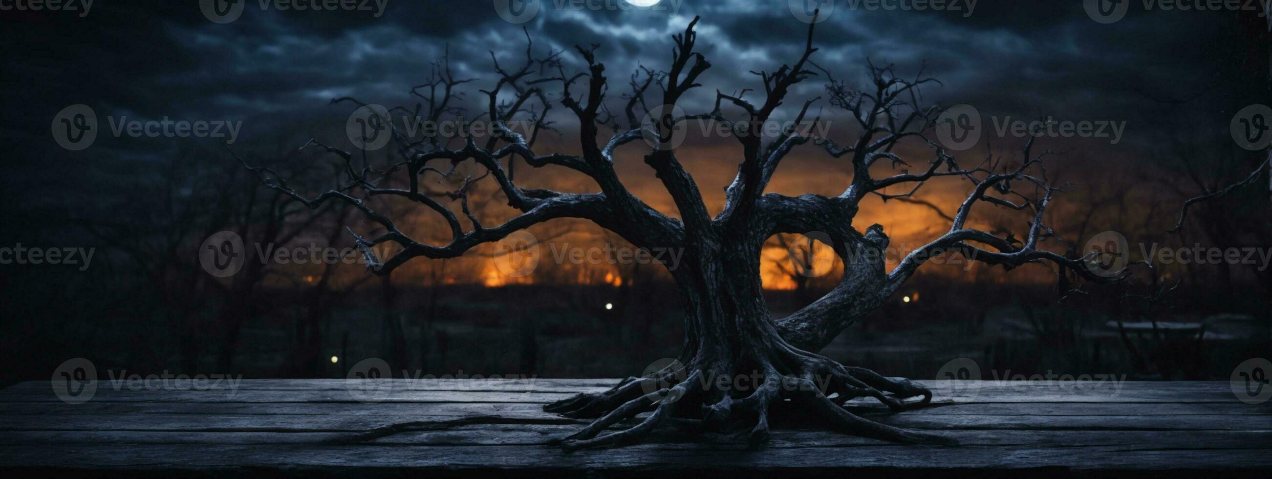 antiguo madera mesa y silueta muerto árbol a noche para Víspera de Todos los Santos fondo.. ai generado foto