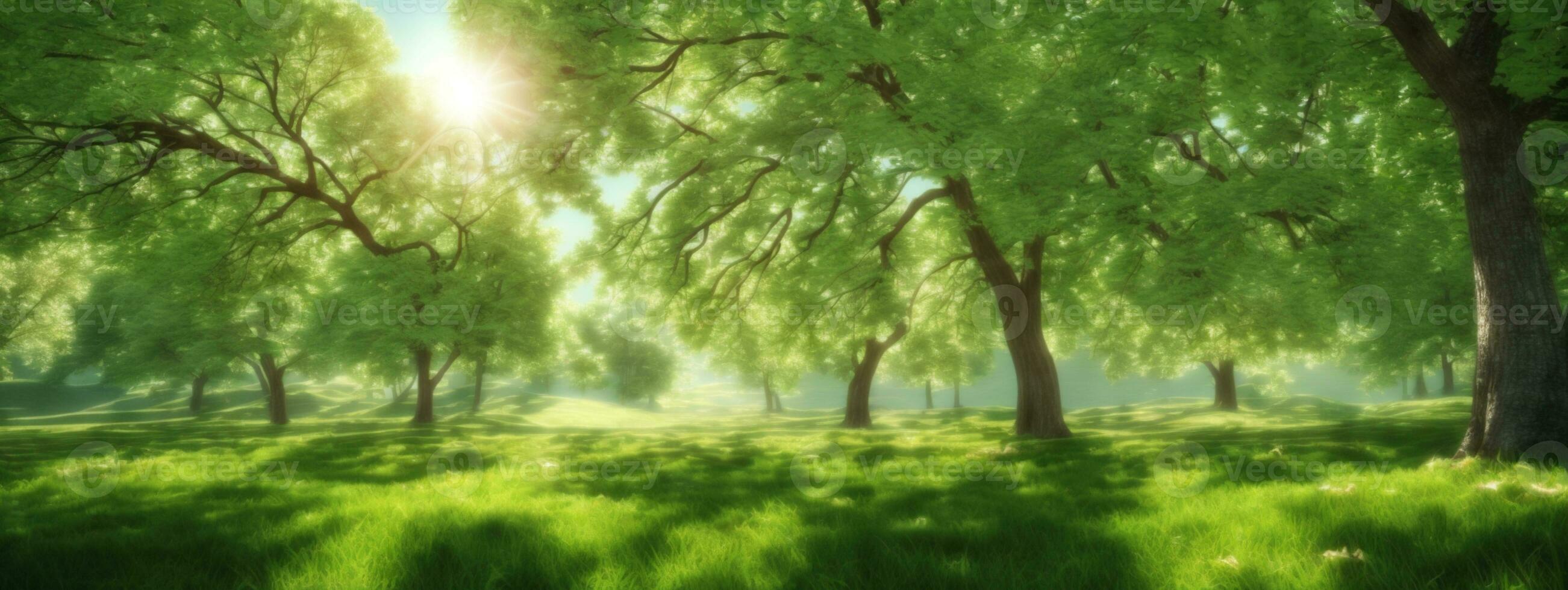 Spring Nature. Beautiful Landscape. Green Grass and Trees. AI generated photo