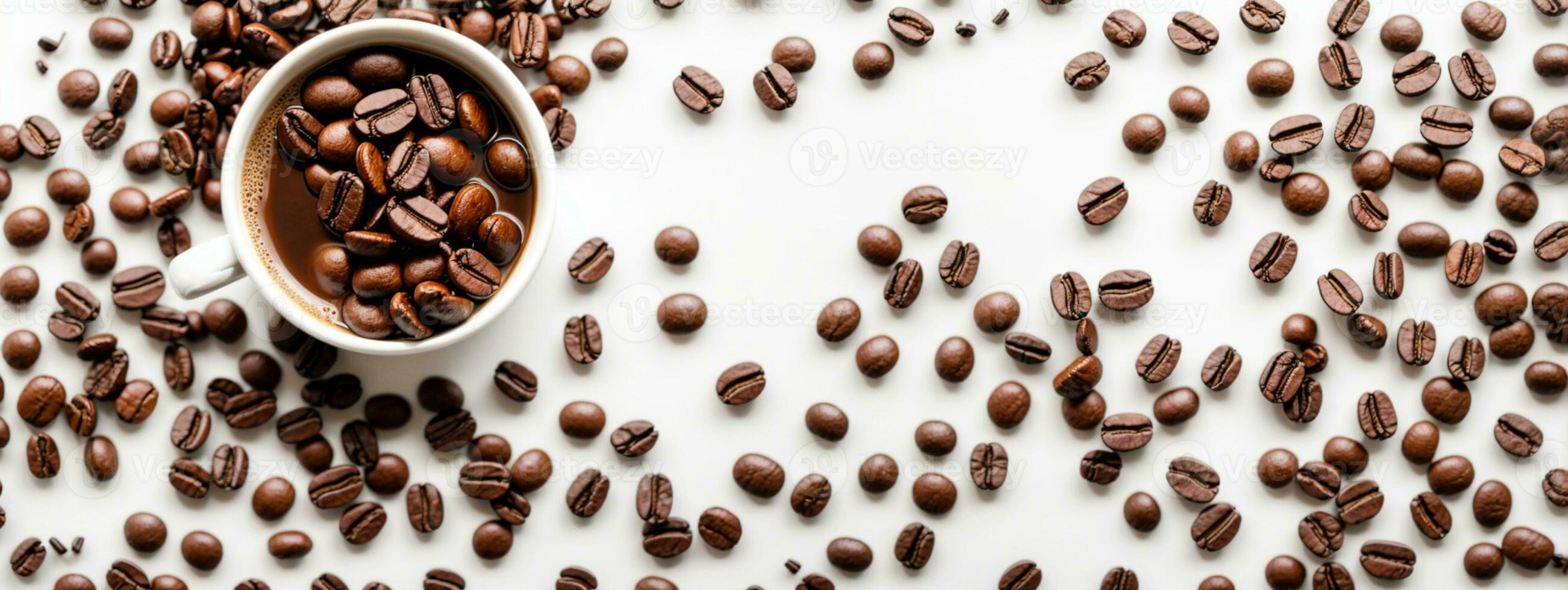 hot espresso and coffee bean on white table with soft-focus and over light in the background. top view. AI generated photo