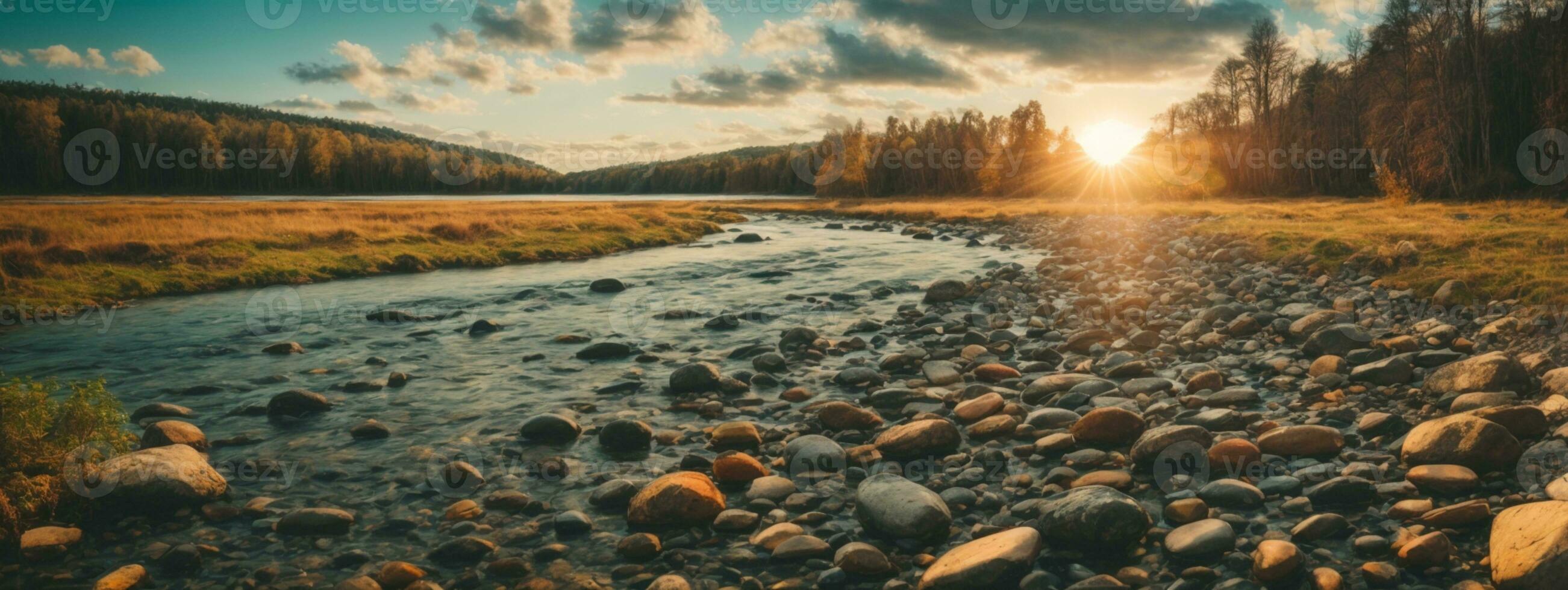 forest river with stones on shores at sunset. AI generated photo