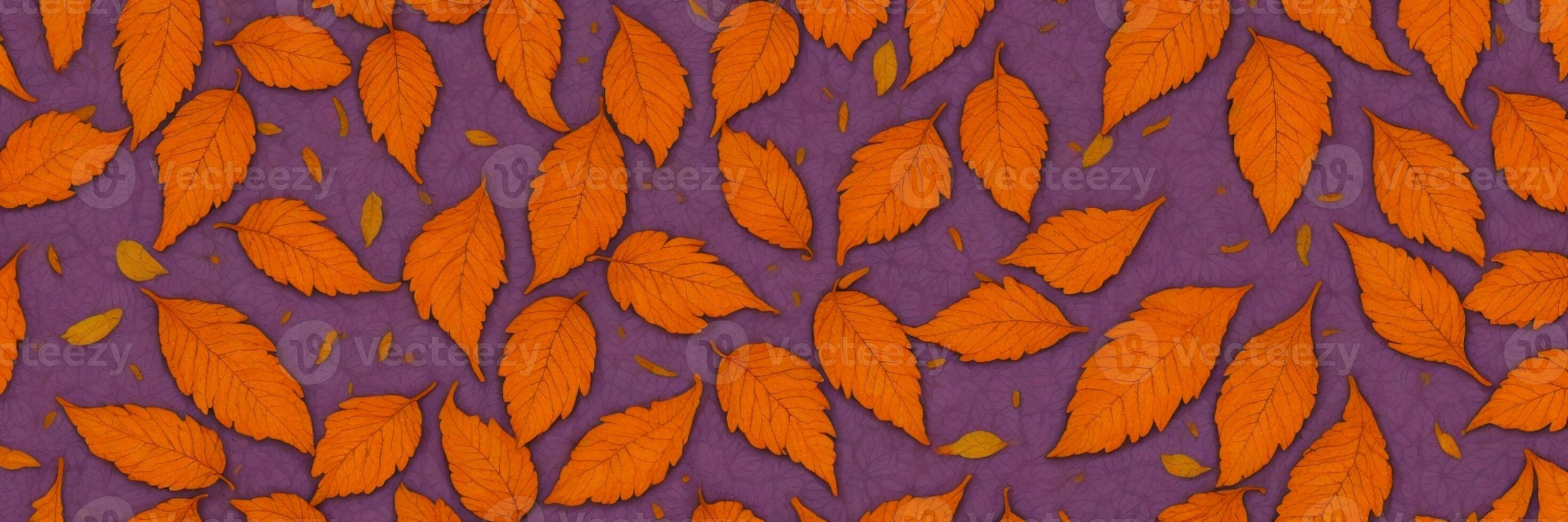 Pattern of dry orange metallic leaves on violet background. AI generated photo