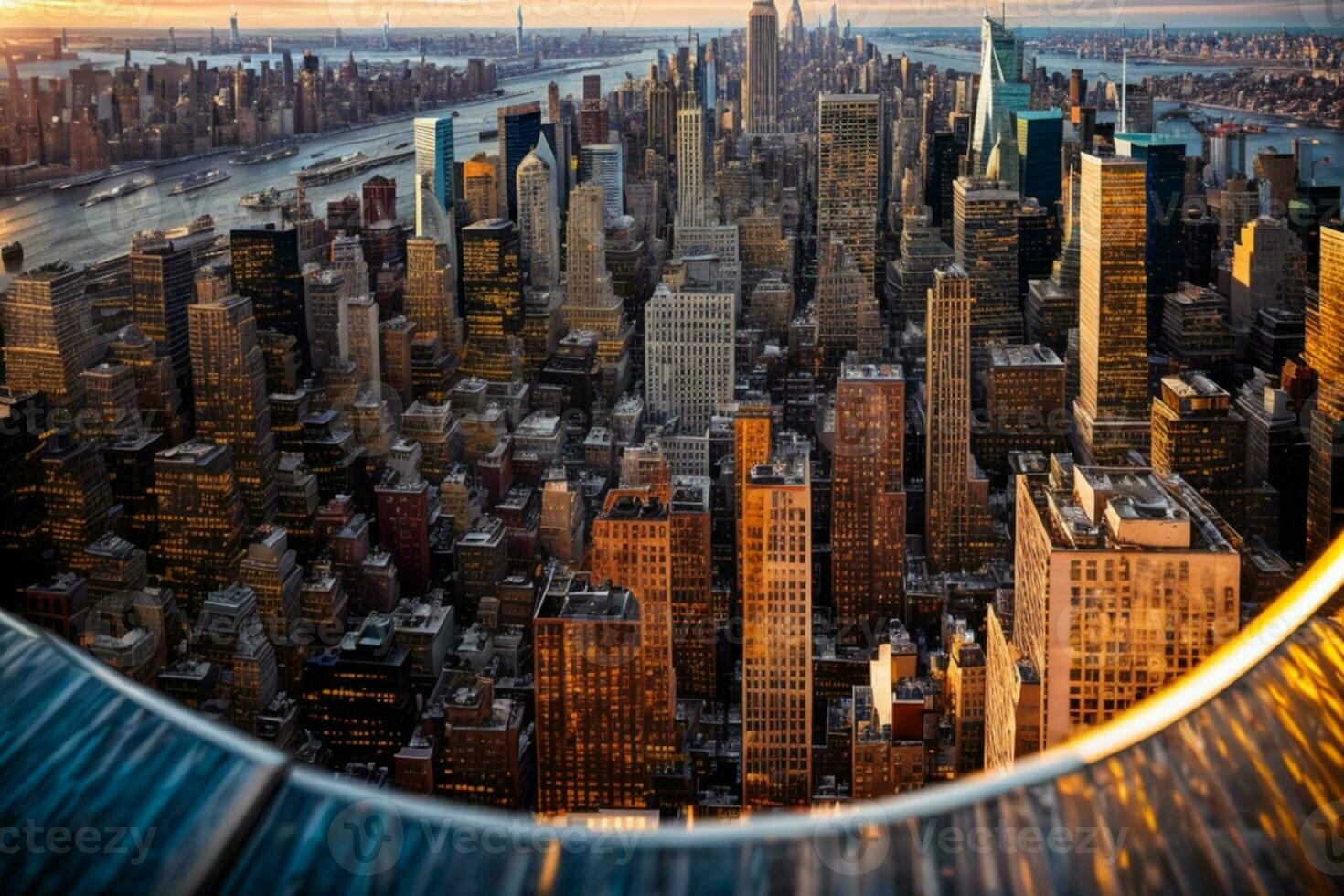 Sunset view of New York City looking over midtown Manhattan. AI generated photo
