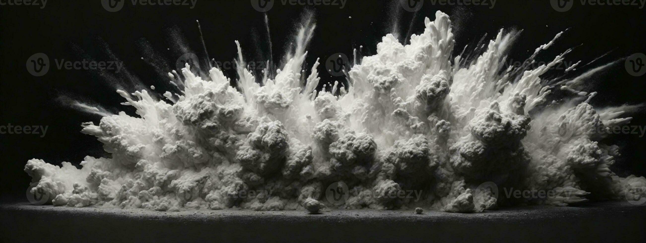 Abstract white powder explosion isolated on black background.. AI generated photo