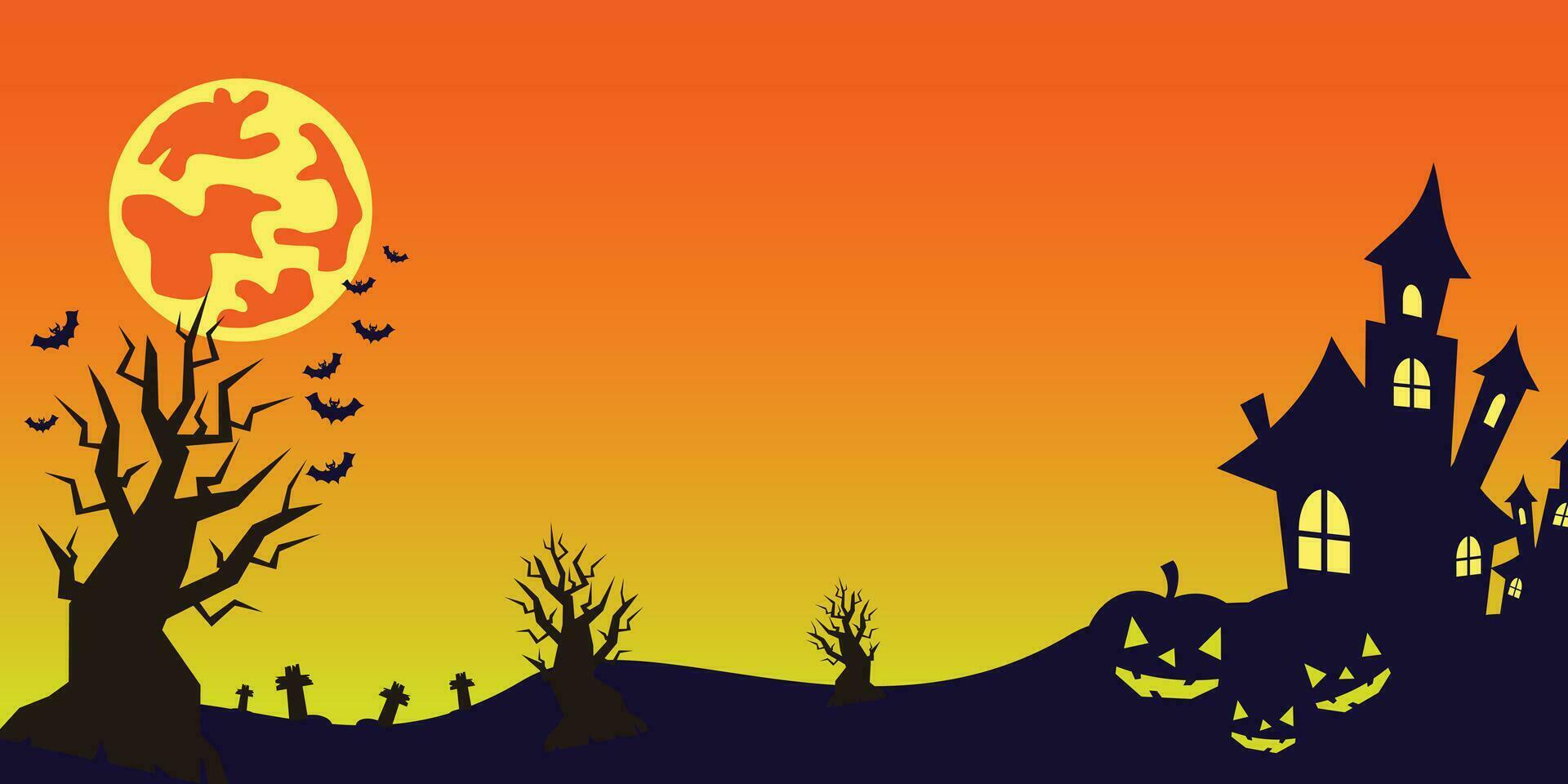 halloween background with icons of pumpkin, tree, castle, moon and copy space area. vector for banner, poster, greeting card, social media.