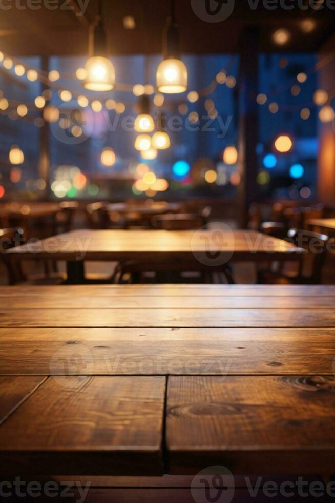 Empty wooden table top with lights bokeh on blur restaurant background.. AI generated photo