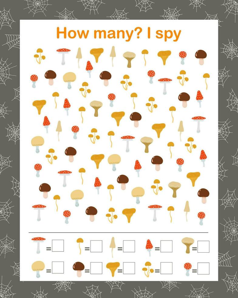 Autumn mushroom I spy, How many counting educational game for kids, Halloween holiday vector illustration, educational puzzle, printable worksheet for kids, leisure or study game, teachers resources