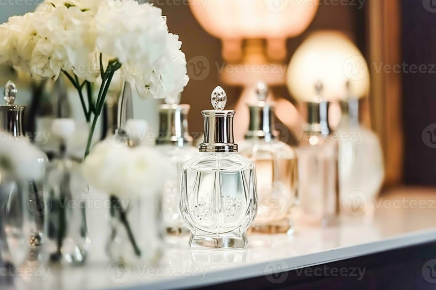 Luxury perfume bottles on display at a presentation, women fragrance scent new exclusive collection, post-processed, generative ai photo