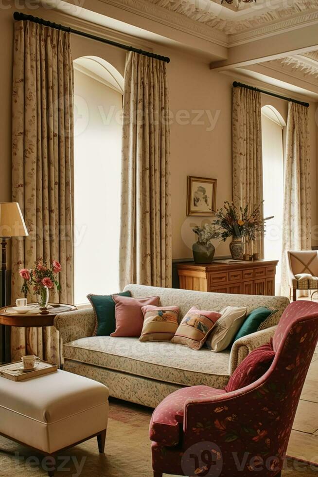 Elegant country lounge room decor, interior design and house improvement, living room furniture, sofa and home decor, countryside cottage style, generative ai photo