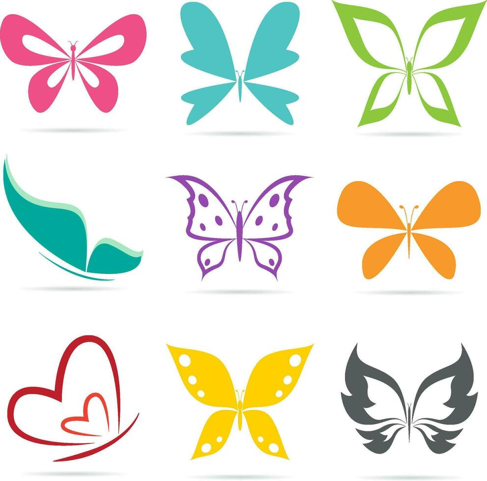 Vector group of butterflies on white background.