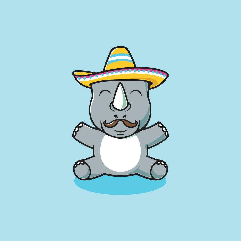 Cute rhino with mexican hat cartoon illustration vector