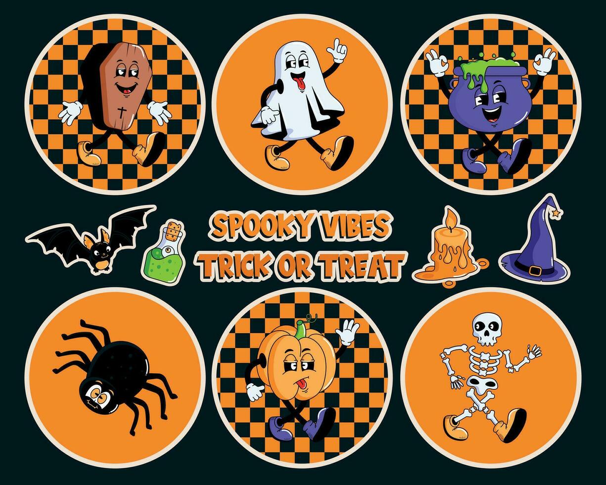 Stickers for Halloween celebration. Retro cartoon characters and elements in trendy groovy style. Pumpkin, ghost, skeleton, bat, potion, candle, coffin. Vector illustration.