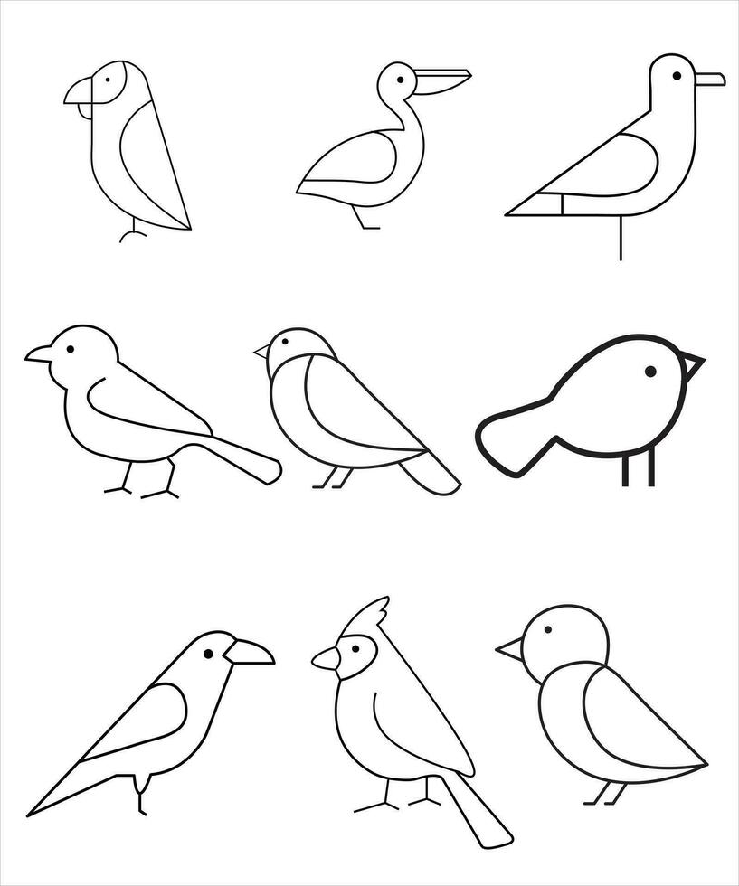 Set of linear birds. Thin line vector illustration. Editable shapes