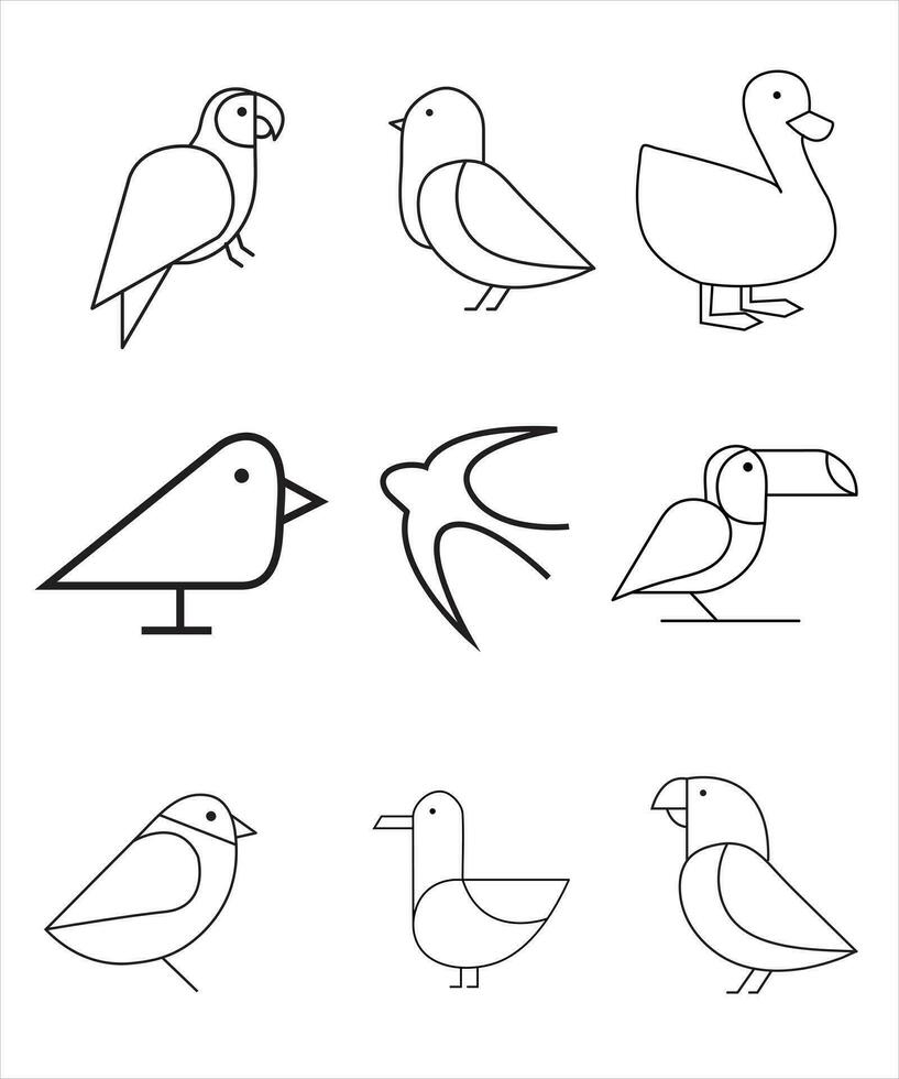 Set of linear birds. Thin line vector illustration. Editable shapes