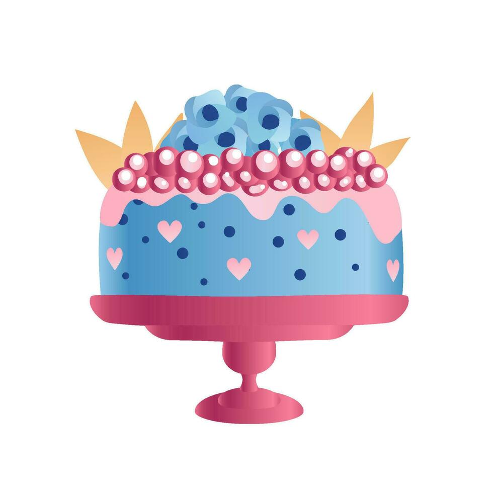 Birthday or wedding cake. Blue cake with d cor. Object on a white background. Vector