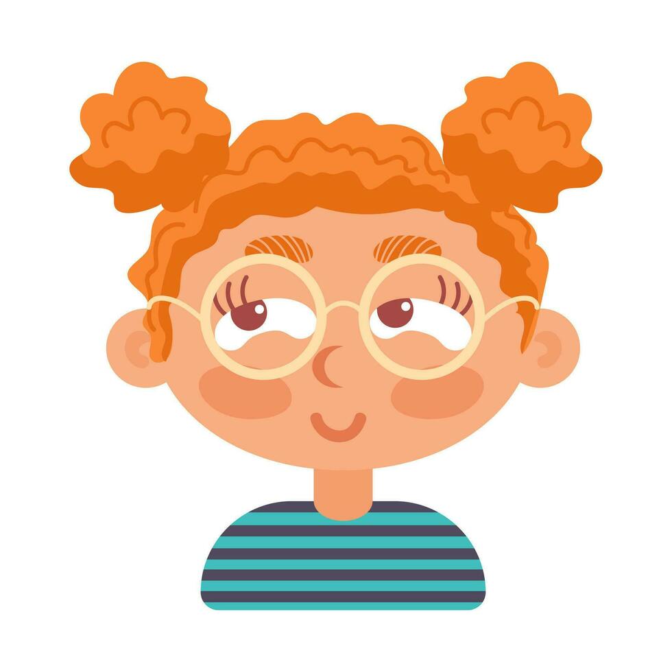 astucia pelo rizado Pelirrojo niña con coletas vistiendo lentes sonriente. en dibujos animados estilo. humano emociones psicológico salud, bienestar. vector