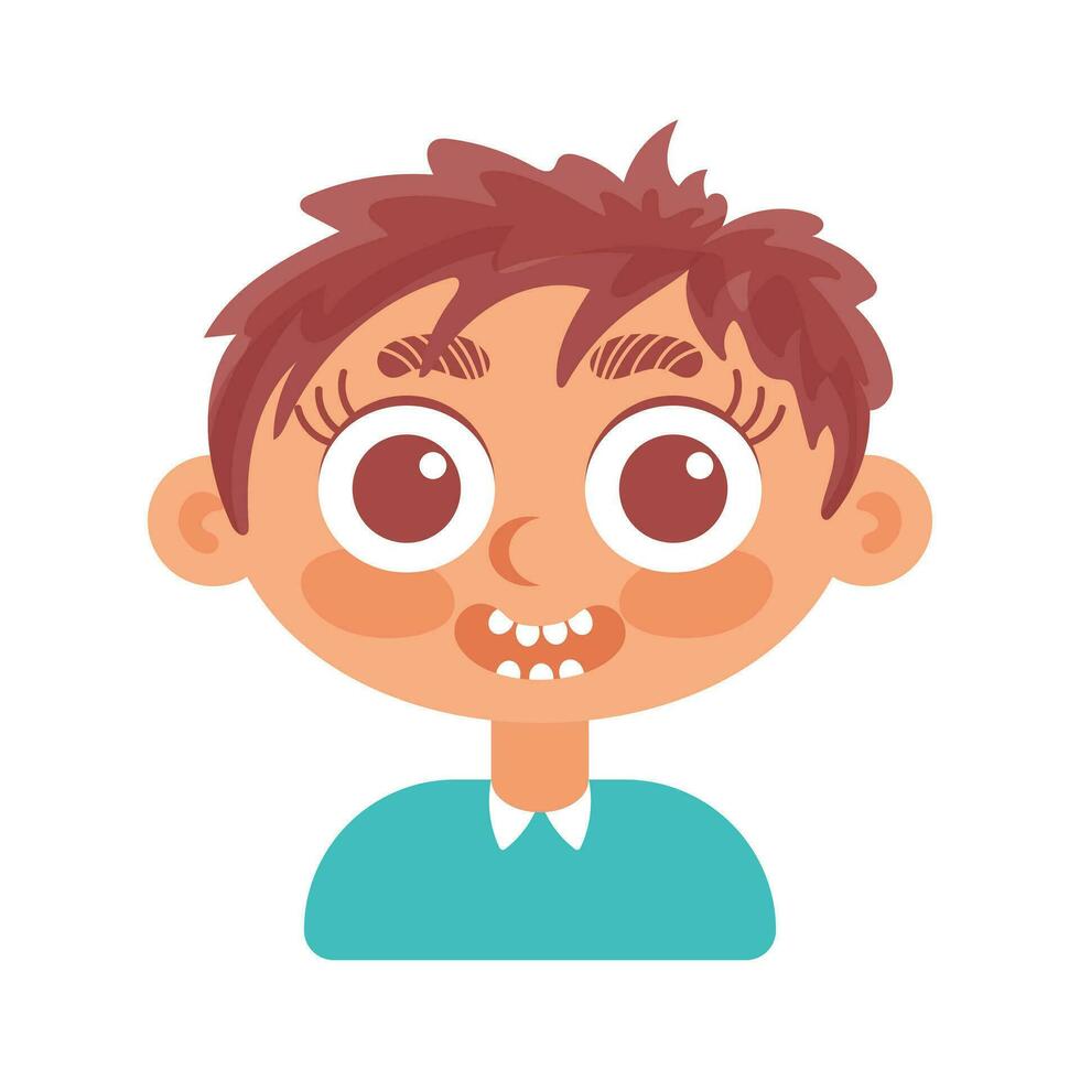 Funny shaggy brunette boy in blue shirt Laughs. In cartoon style. Human emotions. Psychological health, Welness. vector
