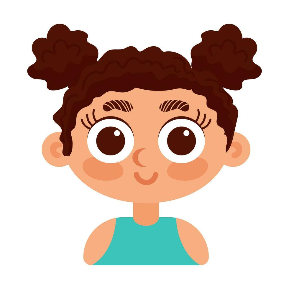 Curly-haired brunette girl in blue top smiling. In cartoon style. Human emotions. Psychological health, Welness vector