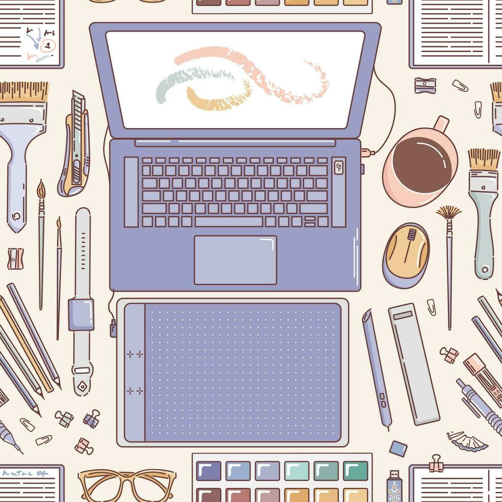 Workspace seamless pattern. Desktop of an artist or designer, laptop, Paints and brushes, notebook, mug, graphic tablet, flash drive, glasses. Doodle style, Office. For website, wrapping, background vector