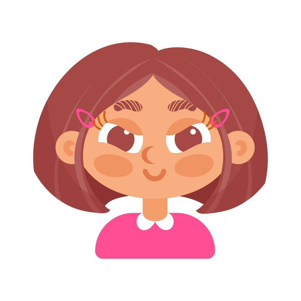 Cunning brunette girl with a square smile. In cartoon style. Human emotions. Psychological health, Welness vector