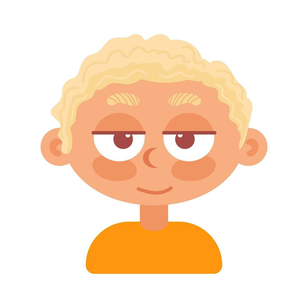 Peaceful boy curly blonde smiling. In cartoon style. Human emotions. Psychological health, Welness vector