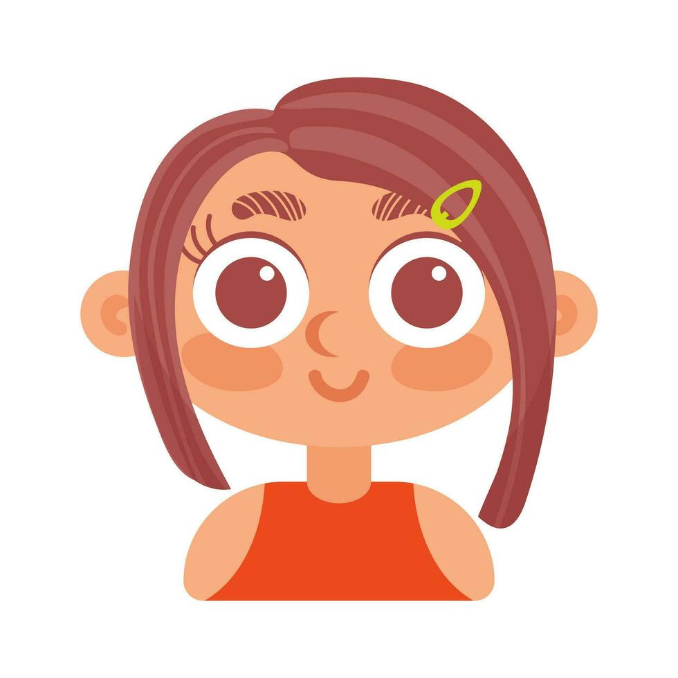 Funny brunette girl in top smiling. In cartoon style. Human emotions vector